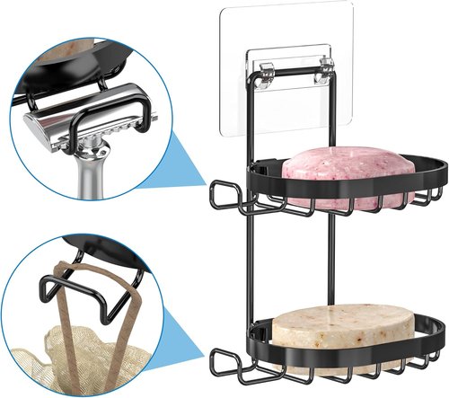 MASADI 2-Tier Soap Dish Holder - 304 Stainless Steel Shower Caddy with Hooks & Razor Holder (Black)