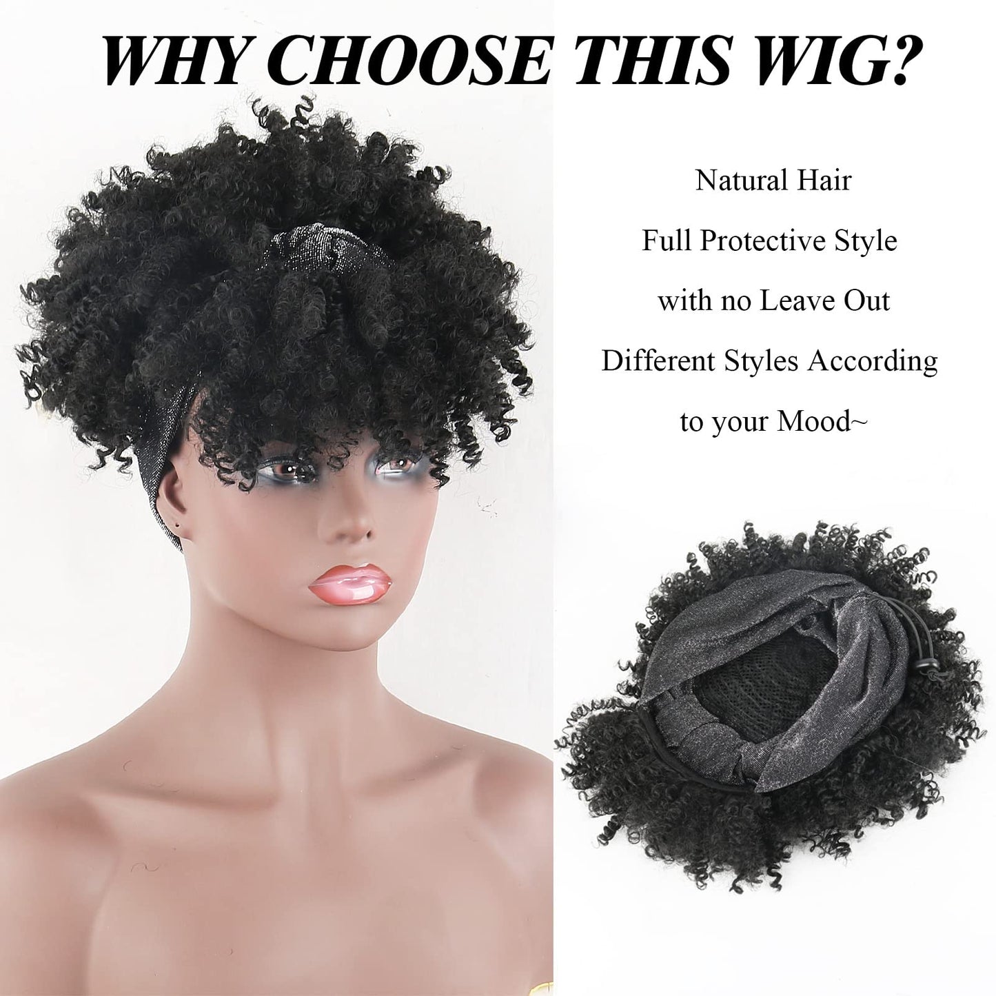 LEOSA Black Headband Wigs for Women Afro Kinky Curly Wig with Bangs Synthetic Short Hair Wigs with Headband Attached Headwrap Wigs Kinky Curly Headband Wig 4inch