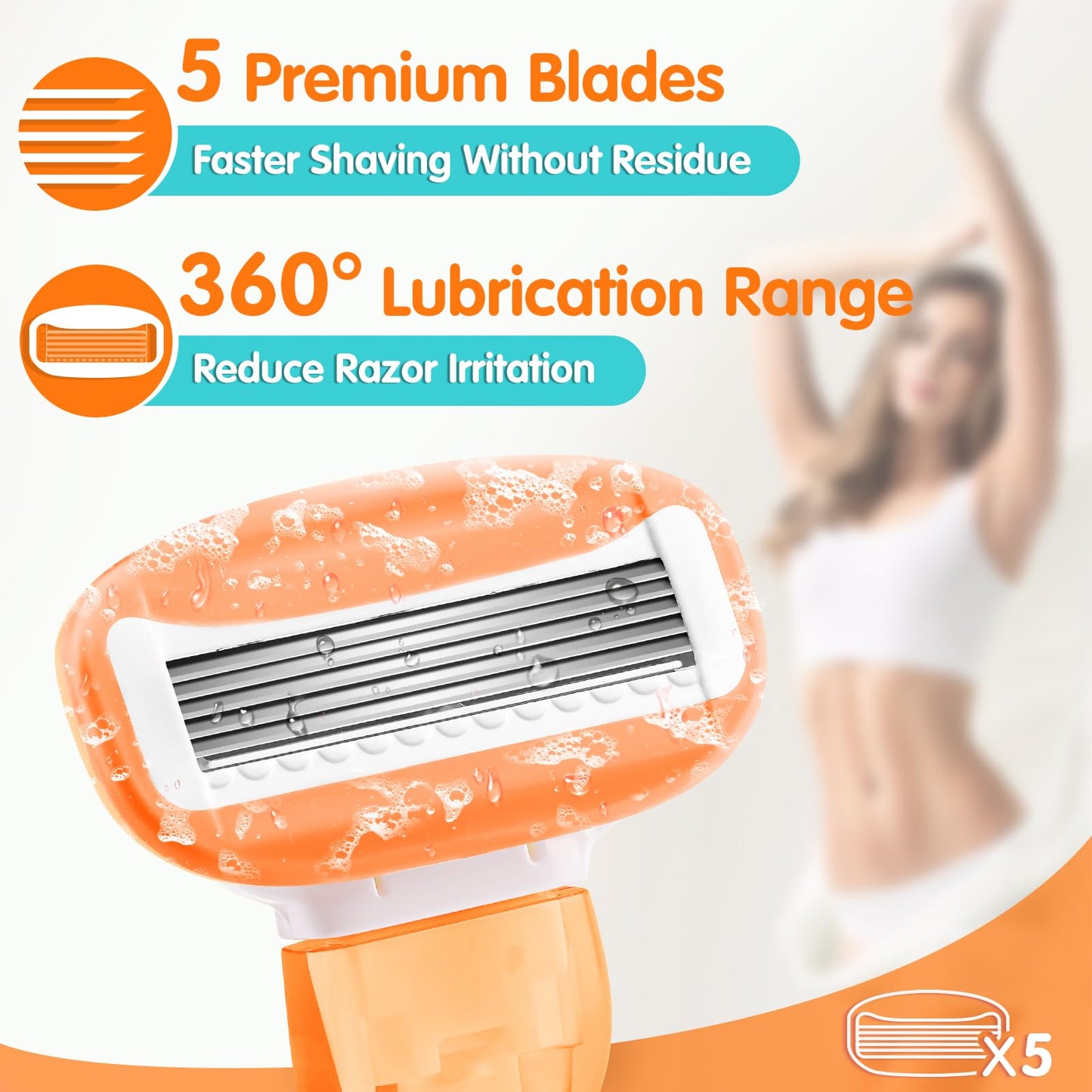 DreamGenius Travel Razors for Women Include 1 Handle and 5 Cartridges, Extra Smooth 5-Blade Travel Essentials Razor with Case for Shaving, Orange