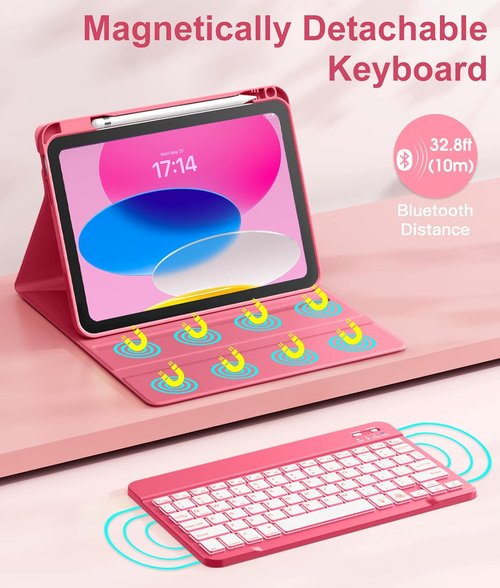 Hamile iPad 11th & 10th Gen Case - Wireless Detachable Folio Keyboard Cover with Backlit Colors & Pencil Holder (Pink)