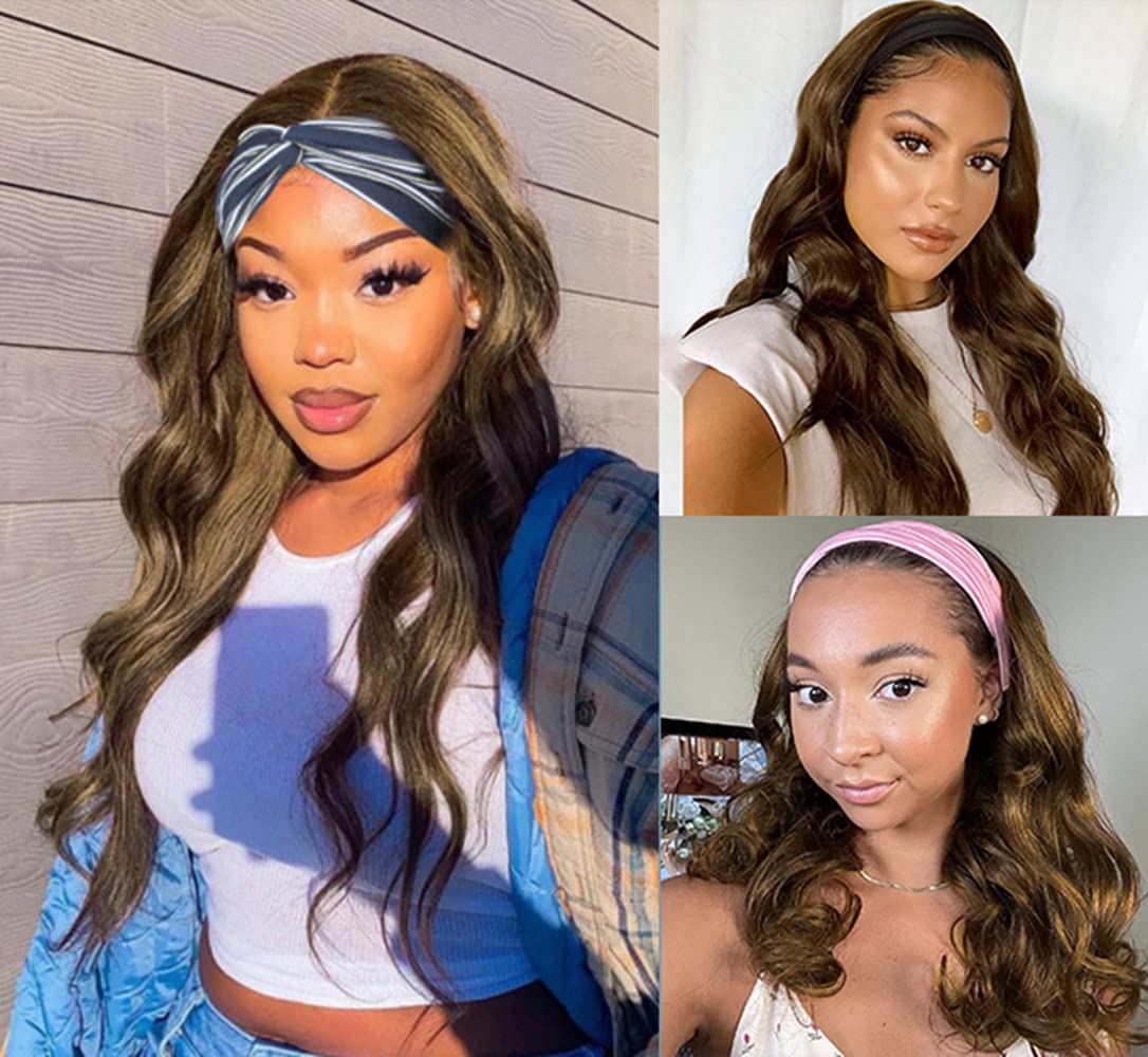 SAPPHIREWIGS Headband Wig Body Wave Long Wavy Brown Wig Headband Wigs for Black Women Natural Looking Glueless Synthetic No Lace Front Wig with Headbands Attached 26 Inch