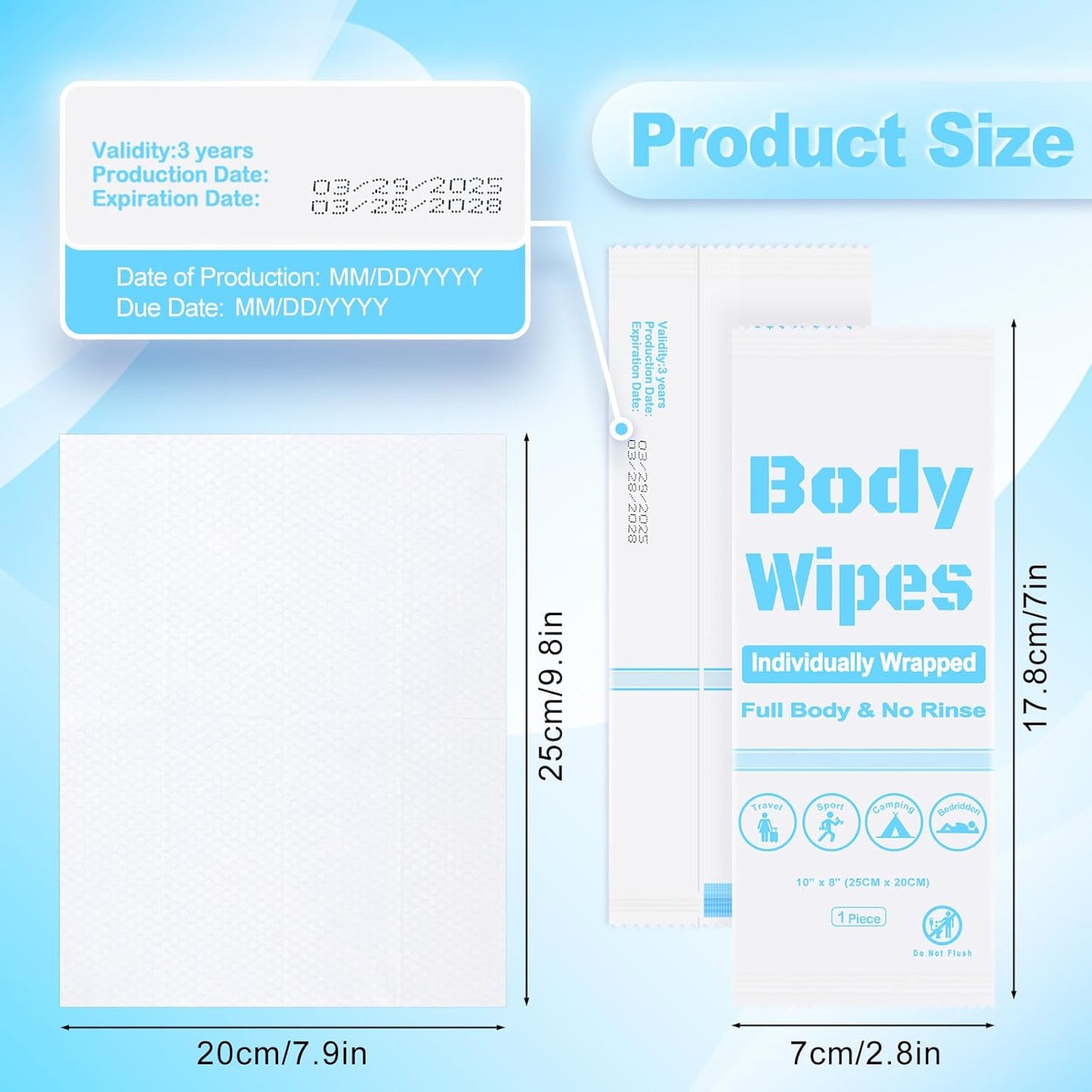 Skiennix Disposable Body Wipes - 50 Individually Wrapped Bath Wipes for Home & Travel | 7.8 x 9.8 Inch, No Rinse