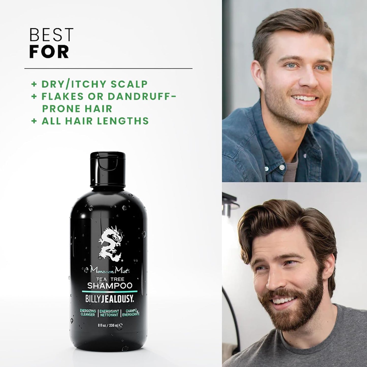 Billy Jealousy Monsoon Mist Shampoo - Energizing Tea Tree Formula with Peppermint & Rosemary, 8 Oz.