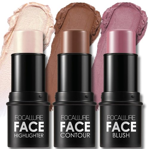 FOCALLURE Cream Contour Sticks Set - 3 Pcs with Highlighter, Bronzer & Blush | Non-Greasy, Long-Wear Makeup in Neutral