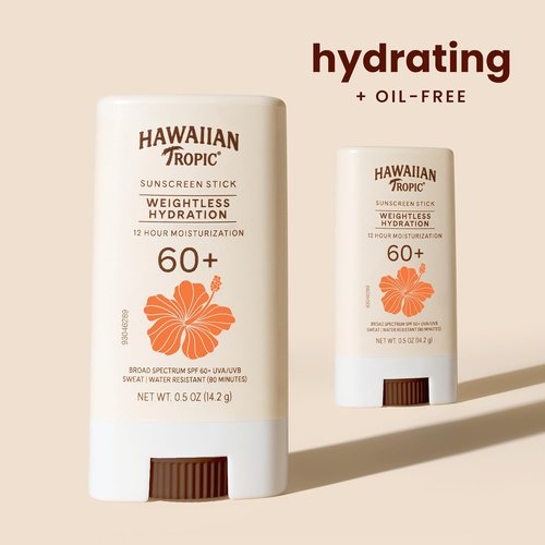 Hawaiian Tropic Weightless Hydration Sunscreen Stick SPF 60+ - Travel Size Oil-Free Sunblock for Face & Body, 0.5oz