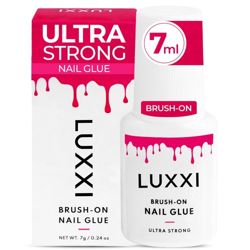 LUXXI Brush On Nail Glue for Press On Nails - Precision Applicator, Quick Air Dry Adhesive for Nail Tips, Artificial & Acrylic, Long Wear Hold, No Uv Lamp Needed | Pink Gel - 0.24oz