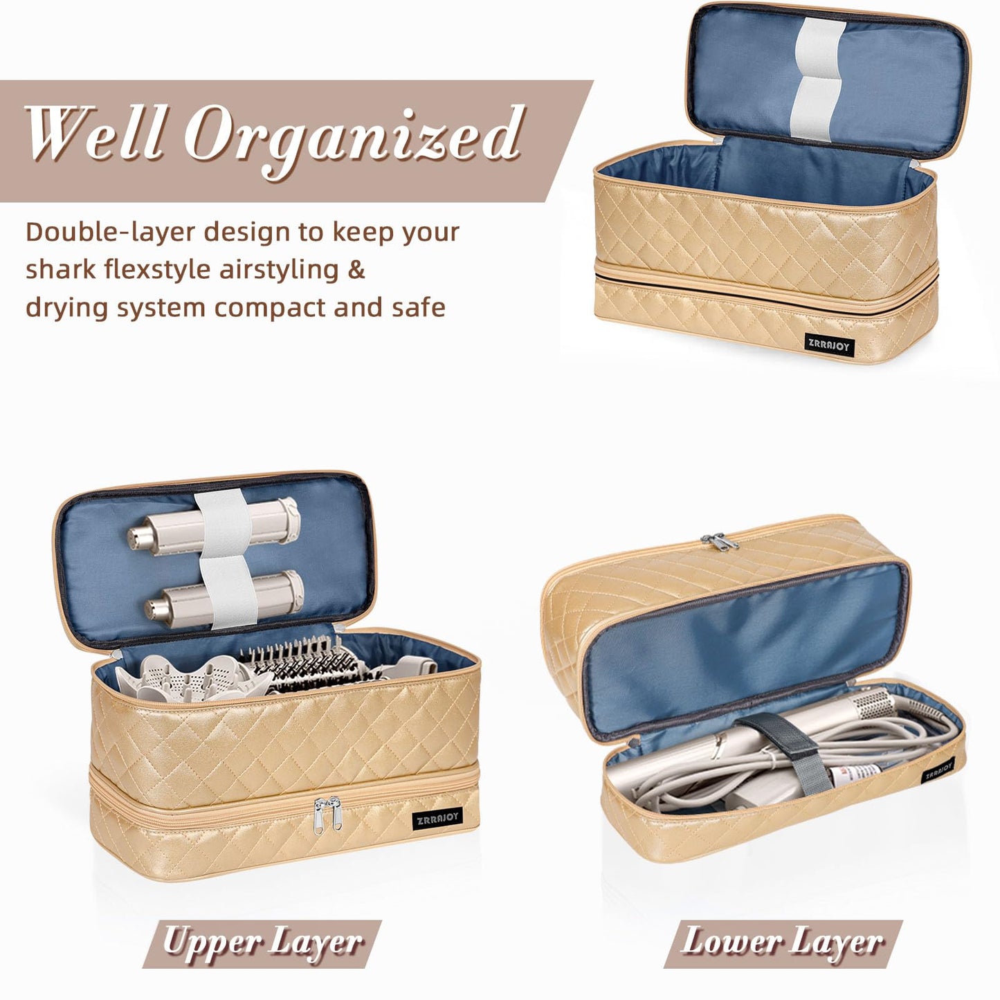 ZRRAJOY Double Layer Storage Case For Shark Flexstyle, Travel Carrying Case For Shark 430/440 Flexstyle, Organizer Bag For Shark Flexstyle/Dyson Airwrap Styler Attachments (Gold)