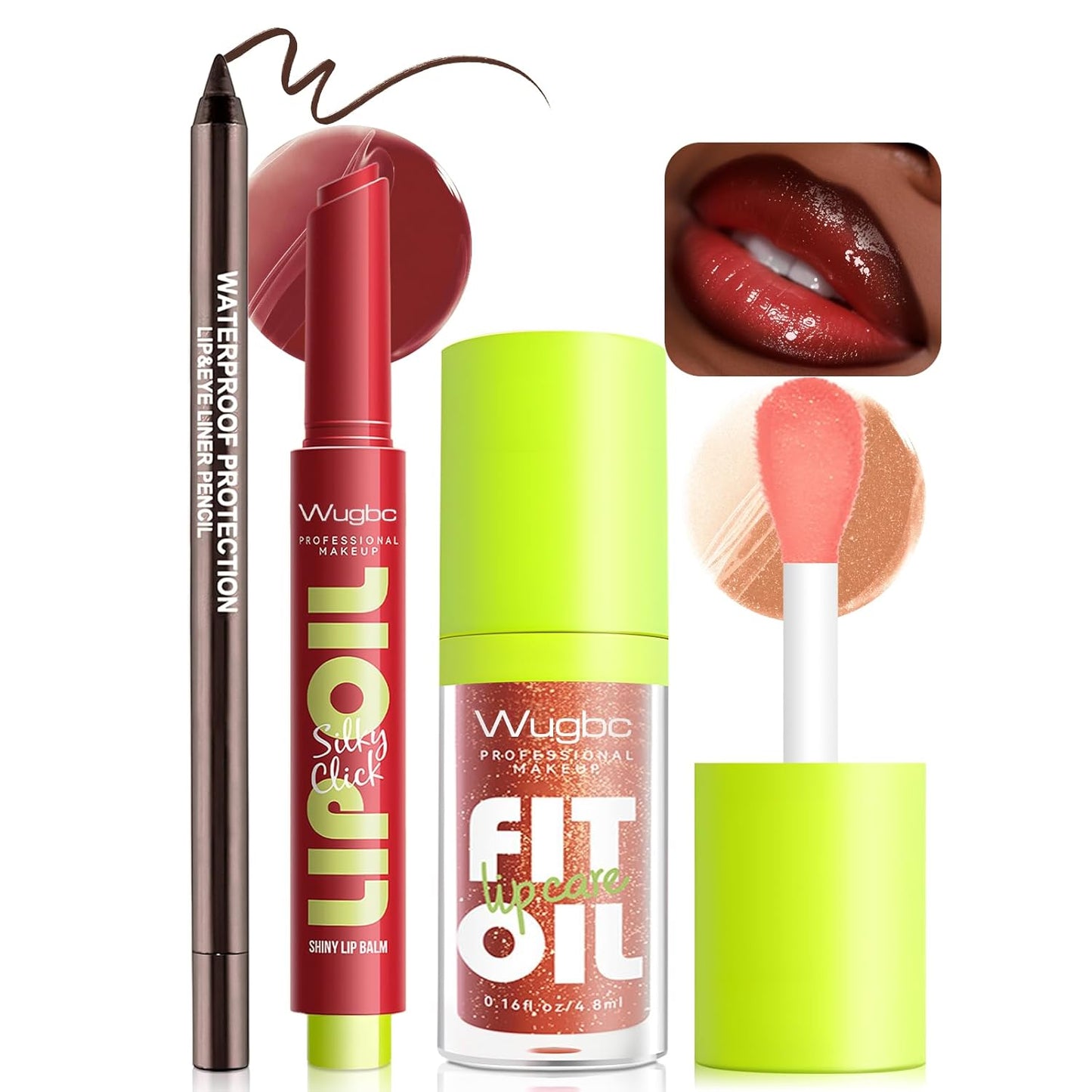 Skiennix Brown Lip Liner & Glitter Lip Gloss Oil - Hydrating Tinted Lip Balm Set for Women