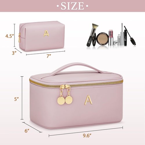 CLOUDWINGS Personalized Initial Makeup Bag Gifts for Women, Large Travel Cosmetic Organizer with Handle & Divider, PU Leather Toiletry Bag for Girls, Birthday Bridesmaid Gift Set - Pink - A