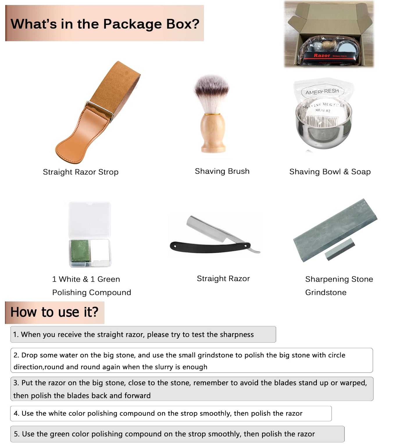 DanNuo Safety Straight Razor Shaving Set for Men with Shaving Brush Browl Barber Razor Strop Sharpening Stone Shaving Soap Polishing Compound Gift Set