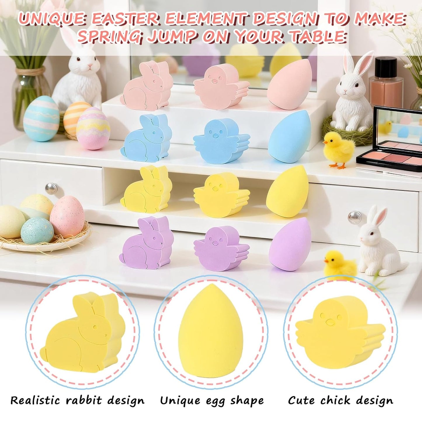 Skiennix Easter Makeup Sponge Set - 12 Pcs Bunny & Chick Blenders | Soft, Latex-Free Beauty Sponges for Foundation & Powder