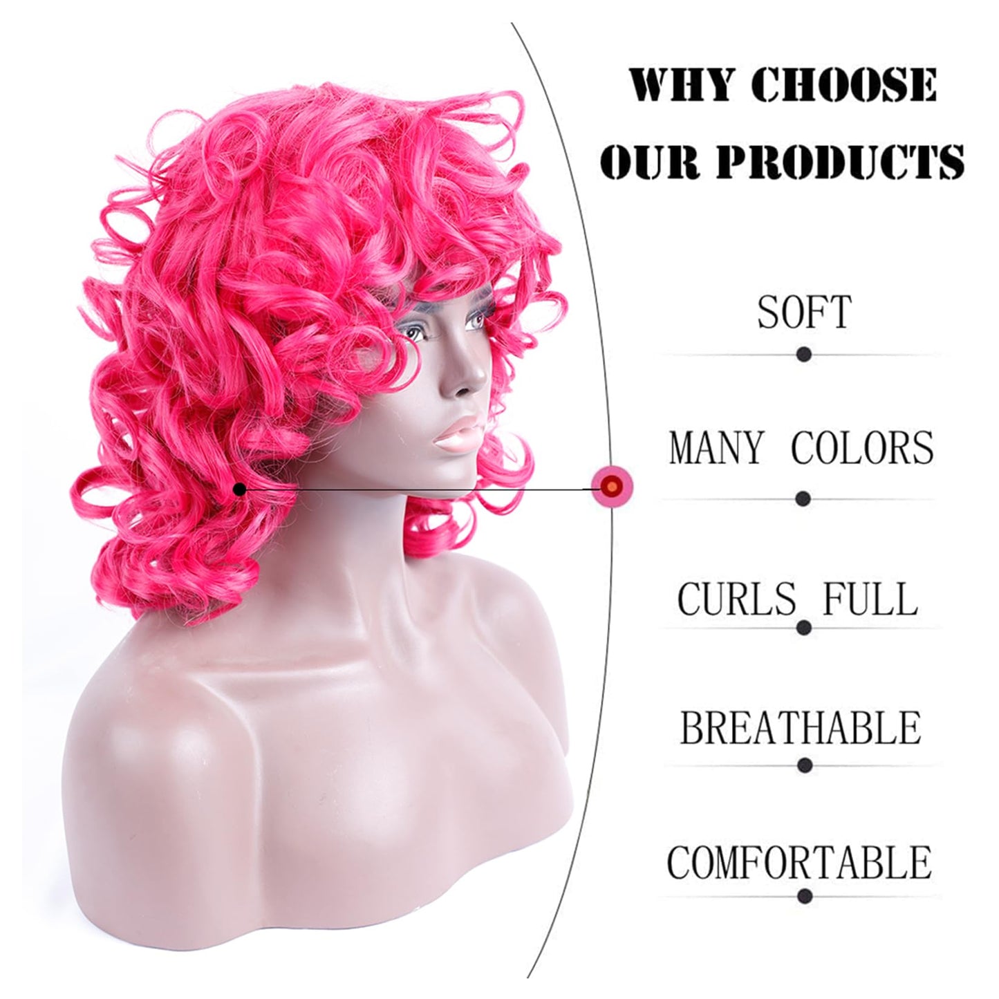 Kavsni Hot Pink Curly Wig for Black Women Soft Short Curly Wig with Bangs for American Women Wigs（Large Earrings+Makeup Sponge+Wig Cap） (Hot Pink)