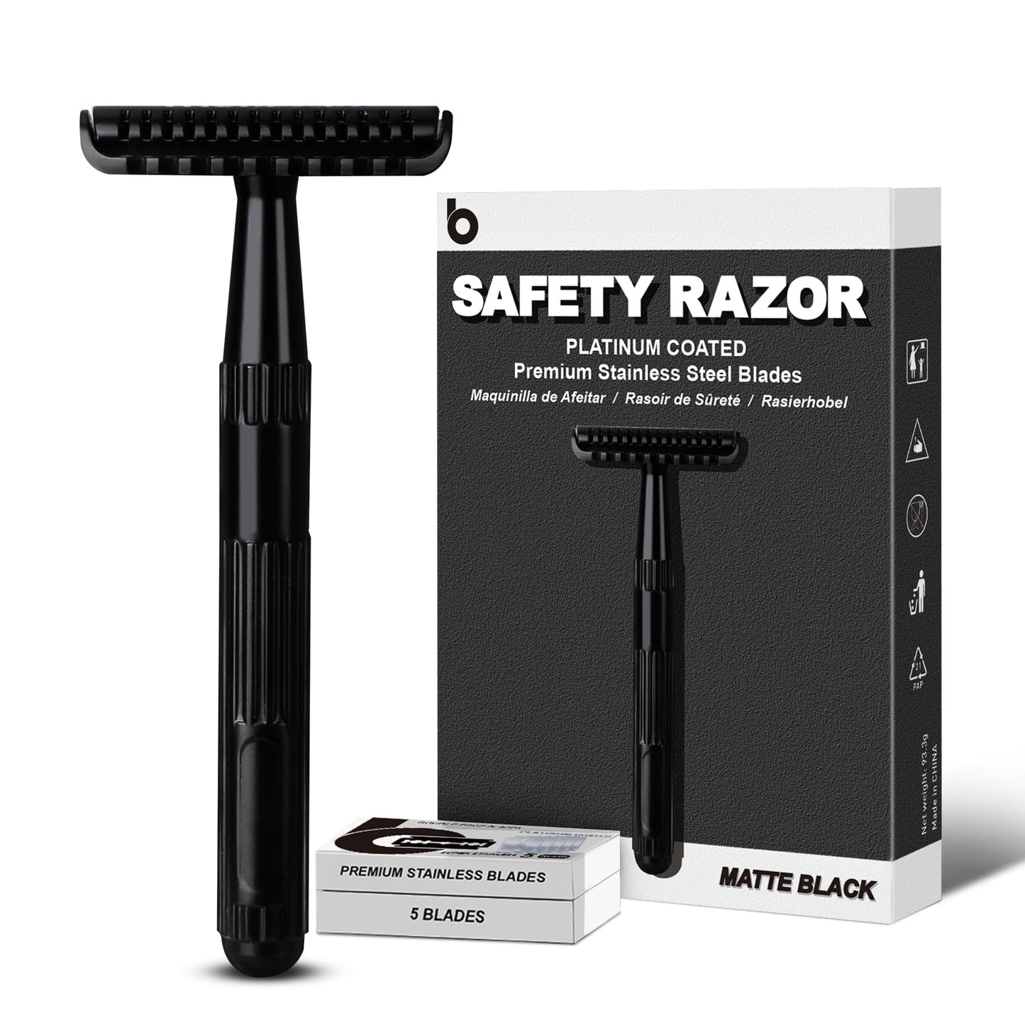 Matte Black Double Edge Safety Razor, Single Blade Razors for Men and Women, with 10 Stainless Steel Safety Razor Blades, Reusable, Eco-friendly, Smooth and Close Shaving, Plastic Free