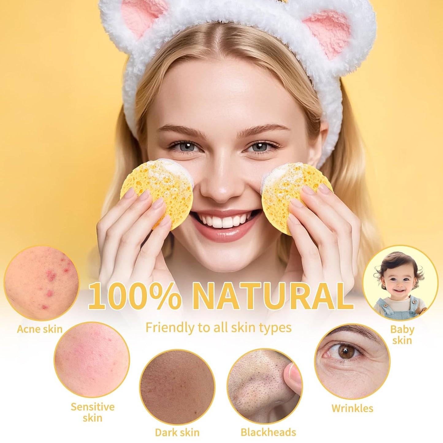 Compressed Facial Sponges - 100-Count Natural Cosmetic Spa Sponges for Cleansing & Makeup Removal | Yellow