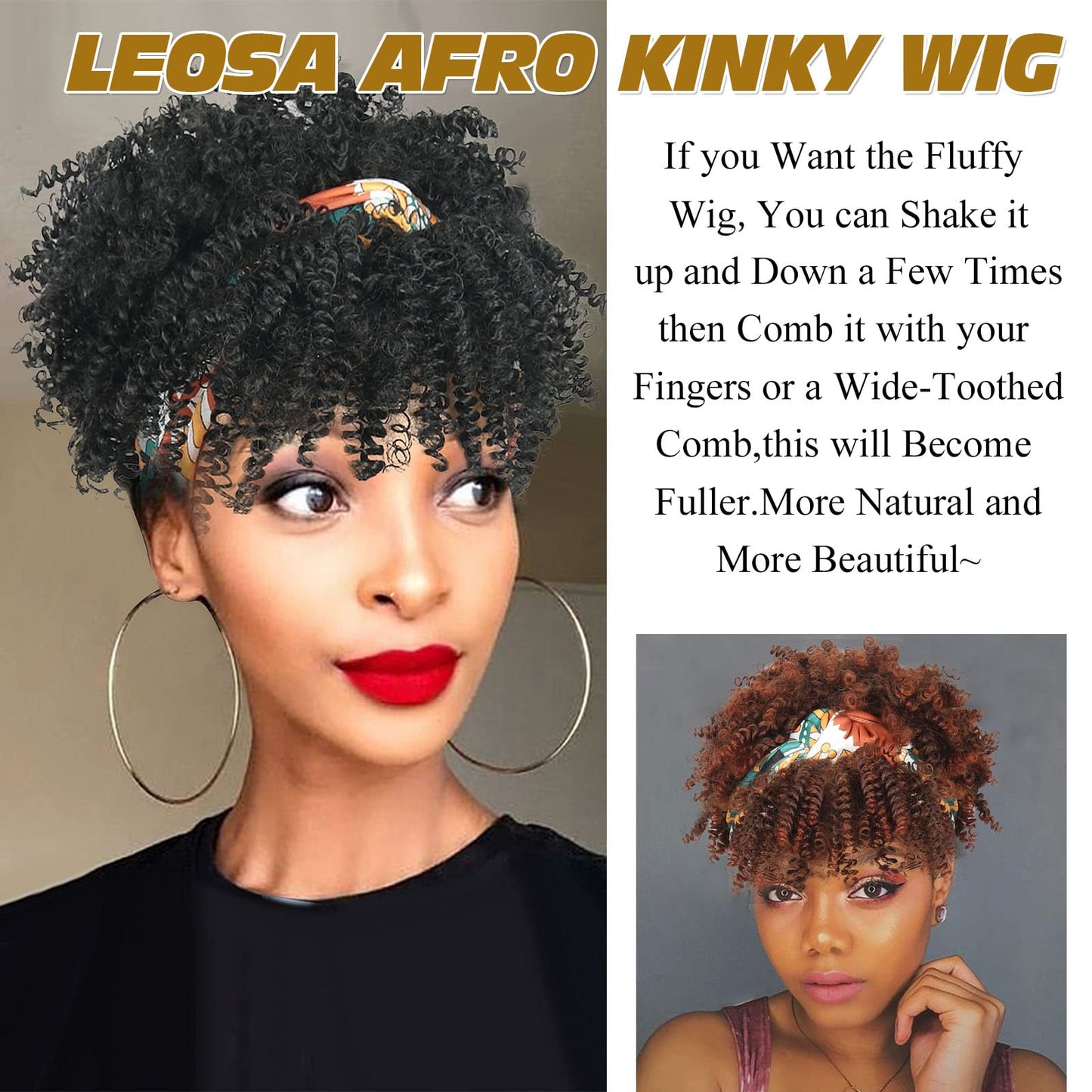 LEOSA Ombre Headband Wig Afro Kinky Headband Wig with Bangs for Women Synthetic Afro Kinky Curly Hair Wig with Headband Attached Short Kinky Curly Headband Wig Afro High Puff with Bangs Wigs