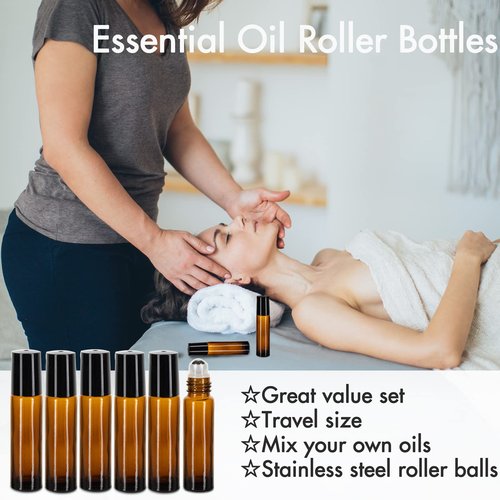 6 Pack Essential Oil Roller Bottles - 10ml Amber Glass Roll-On Bottles with Stainless Steel Roller Balls, Labels, 1*Openers, 1*Funnels, 1*Dropper