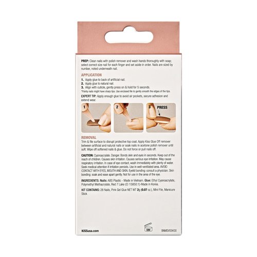 KISS Bare but Better, Press On Nails, Nail glue included, 'Nude Nude', Color, Medium Size, Coffin Shape, Includes 28 Nails, 2g glue, 1 Manicure Stick, 1 Mini File