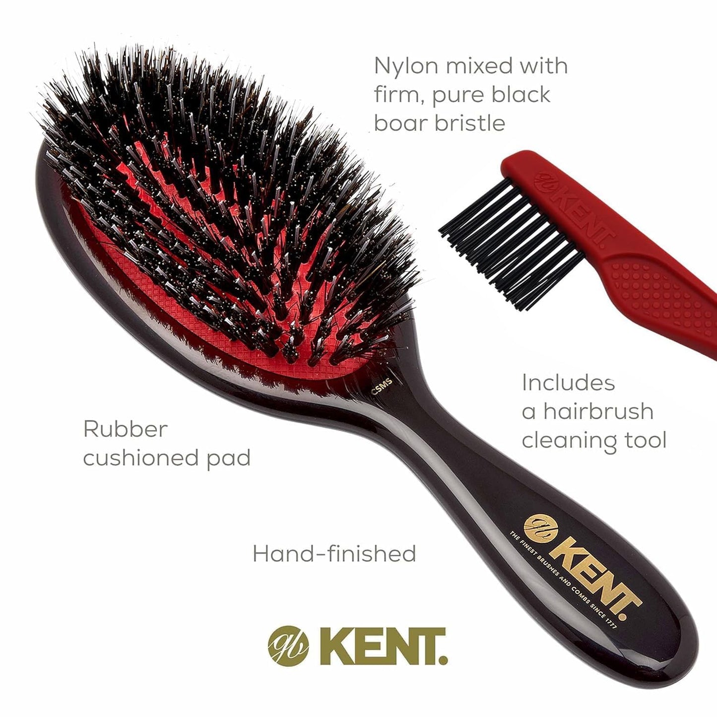 Kent CSMS Classic Shine Straightening Brush - Natural Black Boar Bristle & Nylon Quills for Short to Shoulder Length Hair