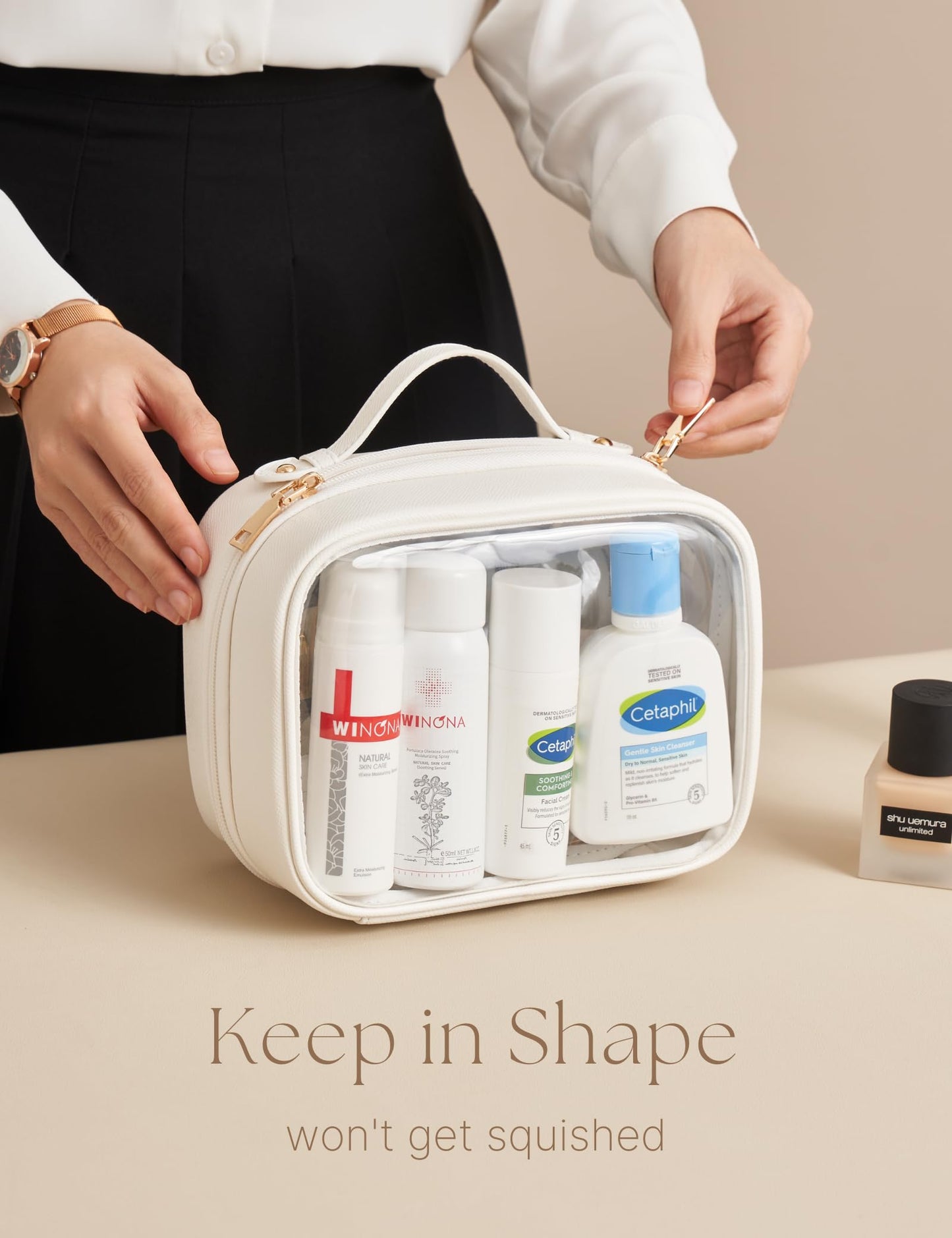 Oaque Clear Cosmetic Bag Double Layer Travel Toiletry Bag White Makeup Bag Case with 4 Compartments, Transparent Travel Bag for Toiletries, TSA Approved Toiletry Case for Women (White)