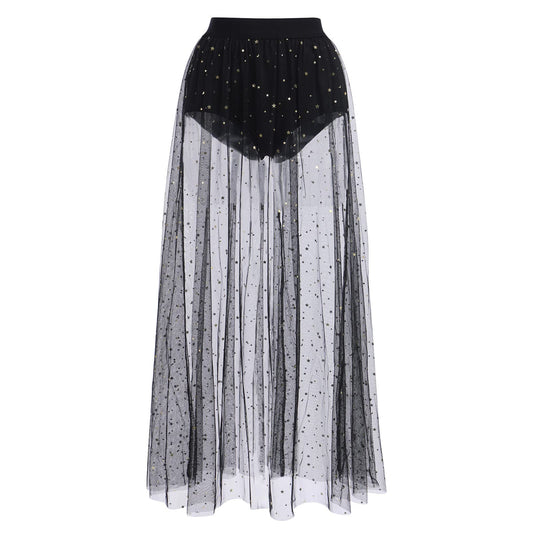 Women's Sheer Mesh 2 in 1 Glitter Sequin Elasticized High Waist A Line Party Maxi Skirt Sparkle Galaxy Sequin Tulle Cover ups Festival Outfits Costume Black Stars S