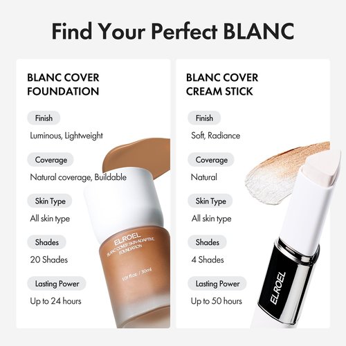 ELROEL Blanc Cover Cream Stick V White - Korean Color-Changing Foundation Stick with Volufiline - Medium to Full Coverage Dewy Finish Base Makeup - Dual-Ended with Detachable Brush (203 Medium)