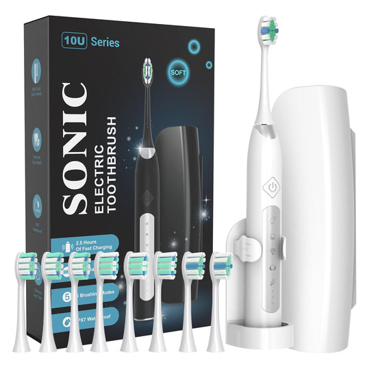 ANVS Sonic Electric Toothbrushes for Adults - Rechargeable Electric Toothbrush with Travel Case, 8 Brush Heads and a Holder, Power Whitening Toothbrush Fast Charge for 90 Days Use (White)