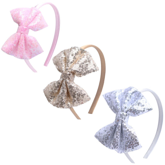 Kiszu Sparkly Sequin Hair Bow Headbands Fashion Glitter Cute Boutique Ribbon Bows for Girls, Kids, and Women (Gold,Sliver,Pink)