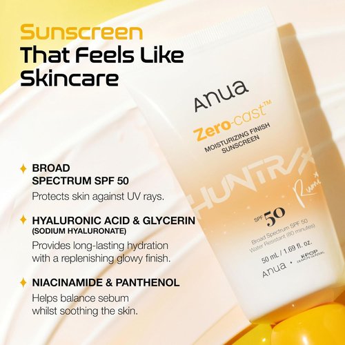 Anua Zero-Cast Moisturizing Sunscreen SPF 50 - Glow Natural Formula with Hyaluronic Acid & Niacinamide | 1.69 fl oz
