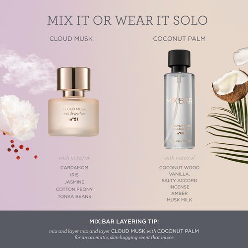 MIX:BAR Coconut Palm Hair + Body Mist, Bedroom Linen Spray - Notes of Coconut Wood, Vanilla, Salty Accord, Incense, Amber, Musk Milk, 5oz