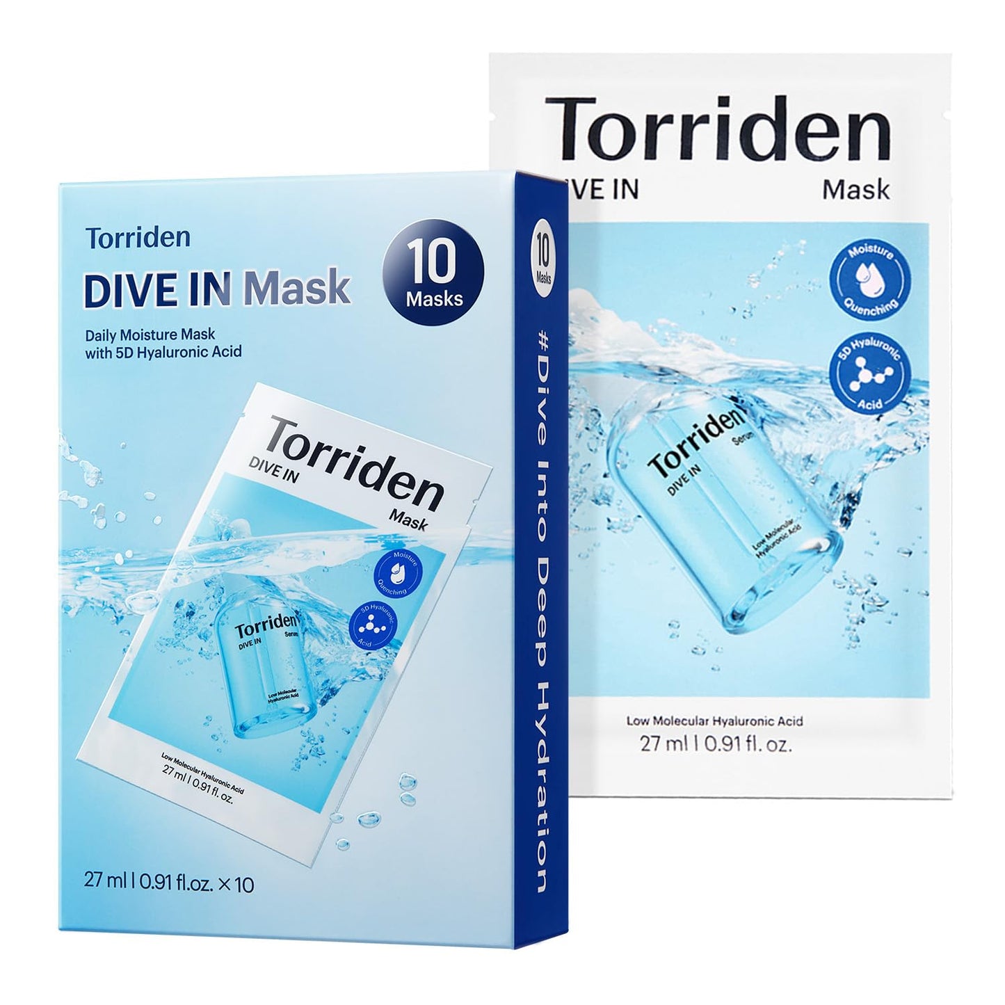 Torriden DIVE IN Hyaluronic Acid Facial Mask - Deep Hydration Korean Sheet Mask (10 Sheets) | Panthenol & Allantoin
