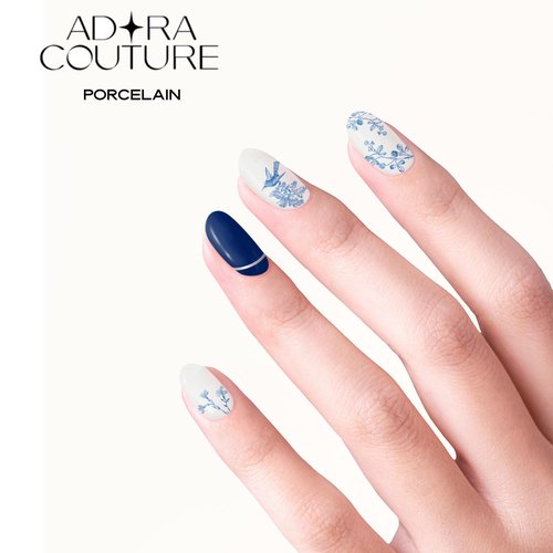 Adora Couture Semi Cured Gel Nail Strips with 30 Pieces, Salon Quality Nail Wraps for Women, Classic Blue Porcelain with White Glaze UV Gel Nail Stickers, UV Light Required, Porcelain