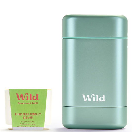 Wild Aluminum-Free Deodorant Starter Kit - Refillable Stick with Aqua Case & Pink Grapefruit Lime Scent (1.4oz) - Long-Lasting Vegan Protection