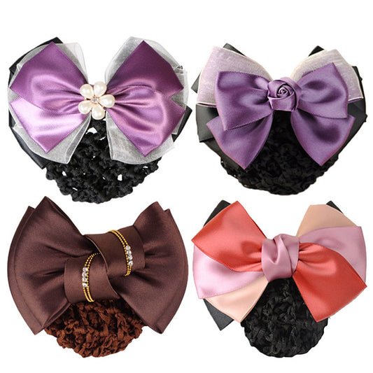 kilofly 4pc Women's Two-Way Snood Net Bow Barrette Hair Clip Bun Cover Set