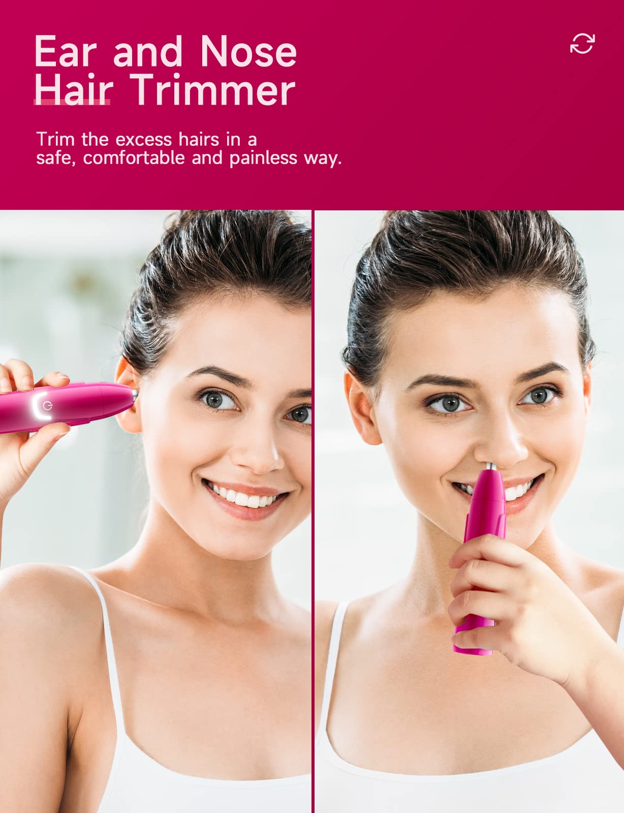 ZORAMI Rechargeable Ear and Nose Hair Trimmer - 2024 Professional Painless Eyebrow & Facial Hair Trimmer for Men Women, Powerful Motor and Dual-Edge Blades for Smoother Cutting Magenta
