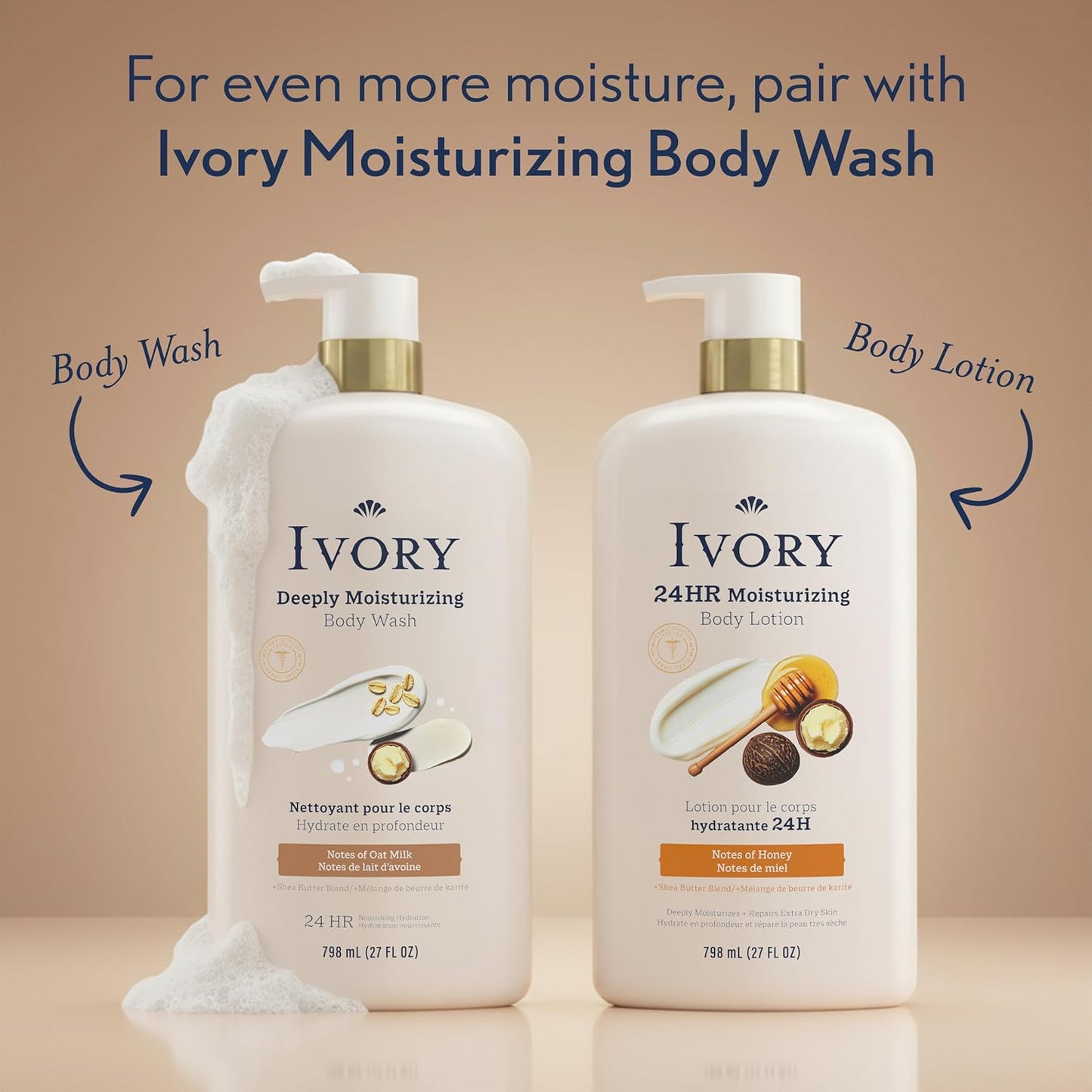**Ivory Hand & Body Lotion - 24hr Moisturizing Formula for Extra Dry Skin | Lightweight, Honey Scent, 27 fl oz**