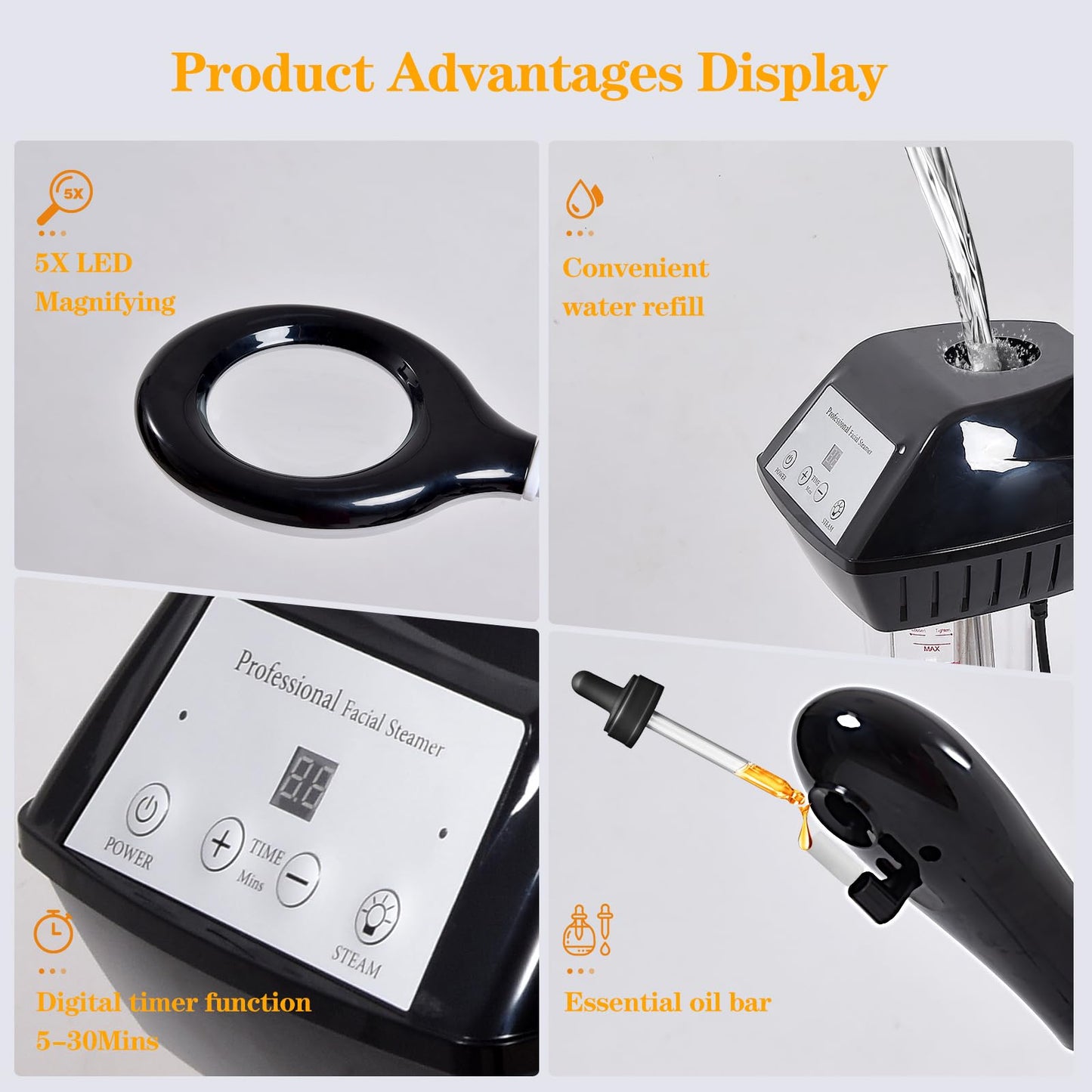 Facial Steamer Professional, 2 in 1 Ozone Facial Steamer on Wheels, with 5X Magnifying Lamp, Facial Steamer with Time Setting, Stand Facial Steamer Adjustable Height for Spa, Salon and at Home use