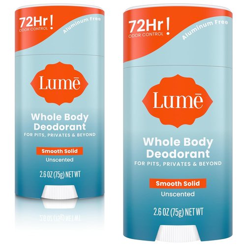 Lume Whole Body Deodorant - Smooth Solid Stick for 72-Hour Odor Control - Aluminum-Free, Unscented | 2.6 Ounce (Pack of 2)