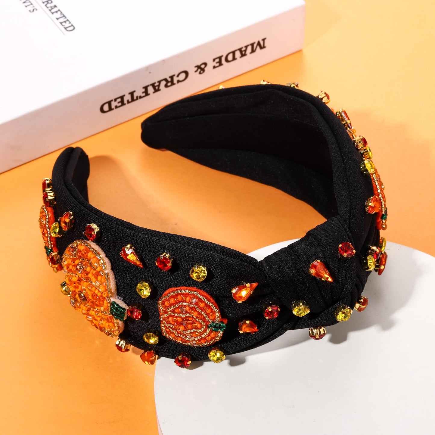 JERTOCLE Thanksgiving Headband Accessories for Women Fall Pumpkin Beaded Headband Tweed Crystal Knotted Headband Autumn Thanksgiving Costume Outfits (Triple Pumpkin)