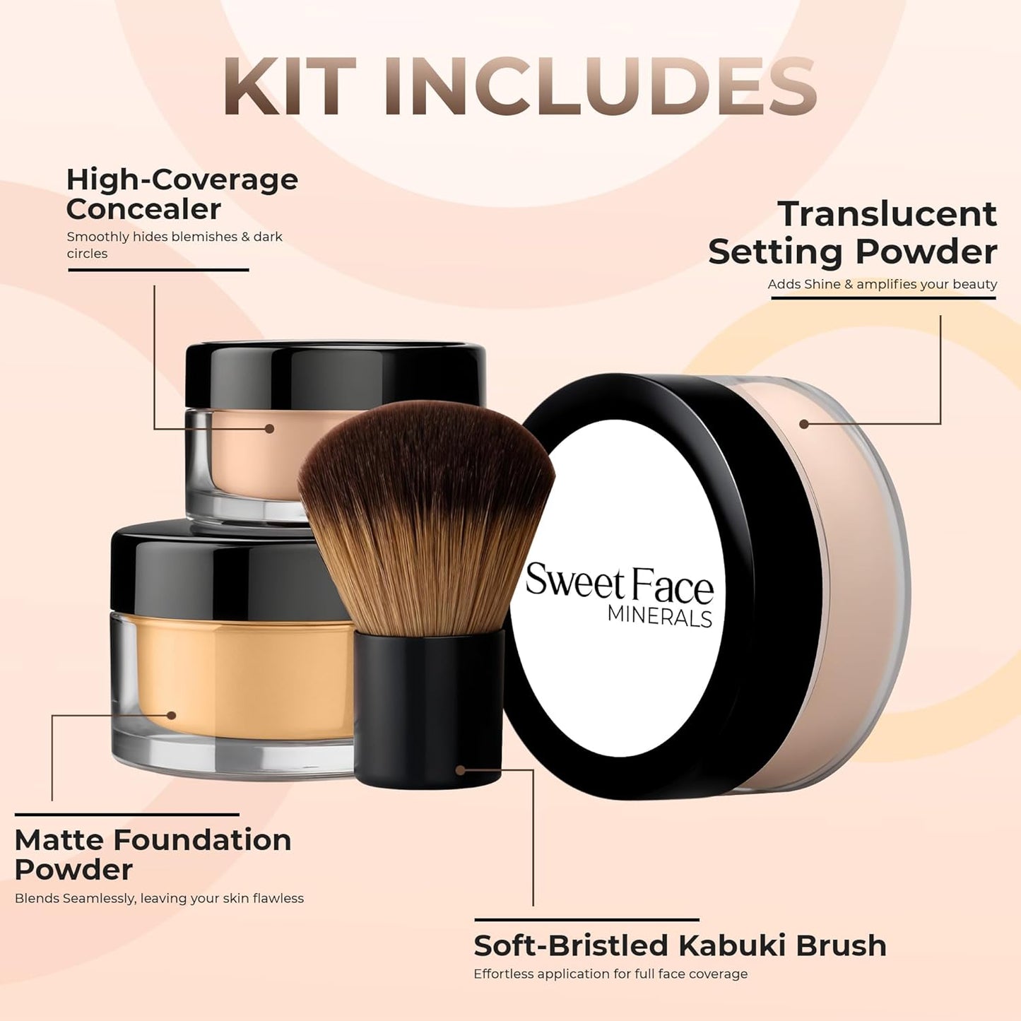Skiennix 4pc Full Size Mineral Makeup Kit - Matte Translucent Foundation, Kabuki Brush & SPF 30 Concealer | Beige Shade