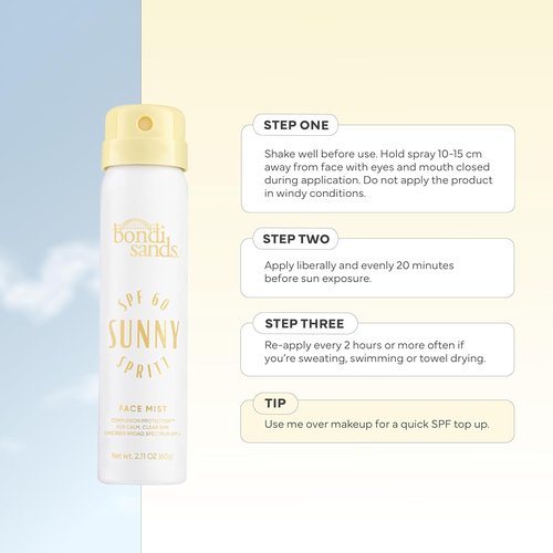 Bondi Sands Sunny Spritz SPF 60 Face Mist - Nourishing Hydrating Sunscreen, Oil-Free & Water-Resistant, 2.11 Oz
