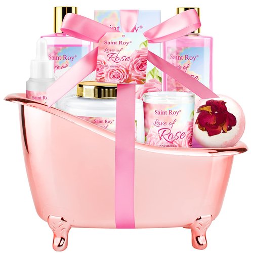 bath Gifts for Her Rose scents Mother Gift Bath Set for Women, Luxury Home Spa Kit Rose Bath Gift Basket, Includes Shower Gel, Body Lotion, Bath Bomb, Spa salts and More, Christmas Gift
