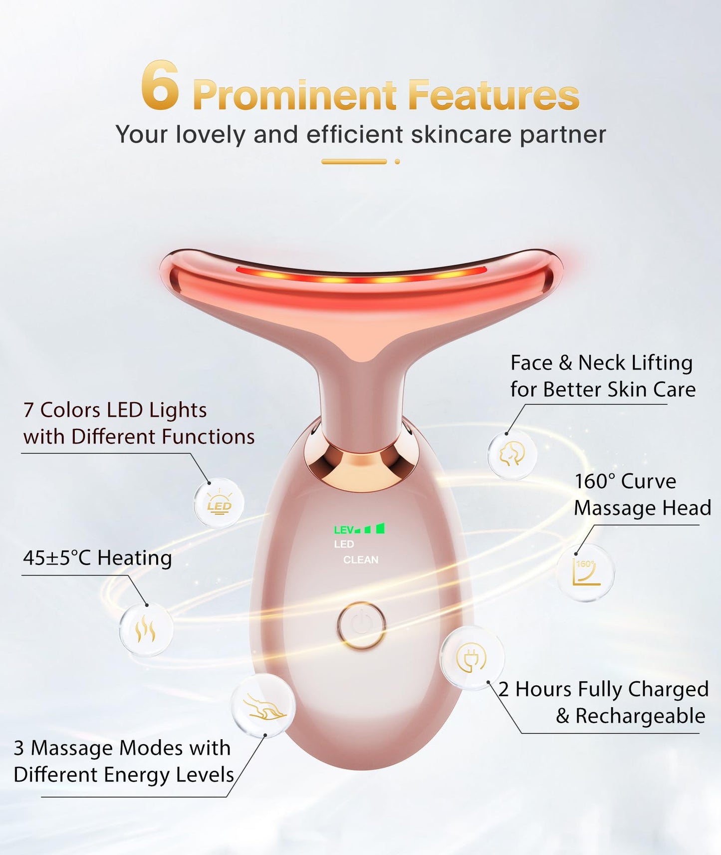 MCSYPOAL 7-in-1 Deplux Face Neck Massager for Daily Skin Care Routine, Portable Facial Massager, Skin Care Tool, Rose Gold