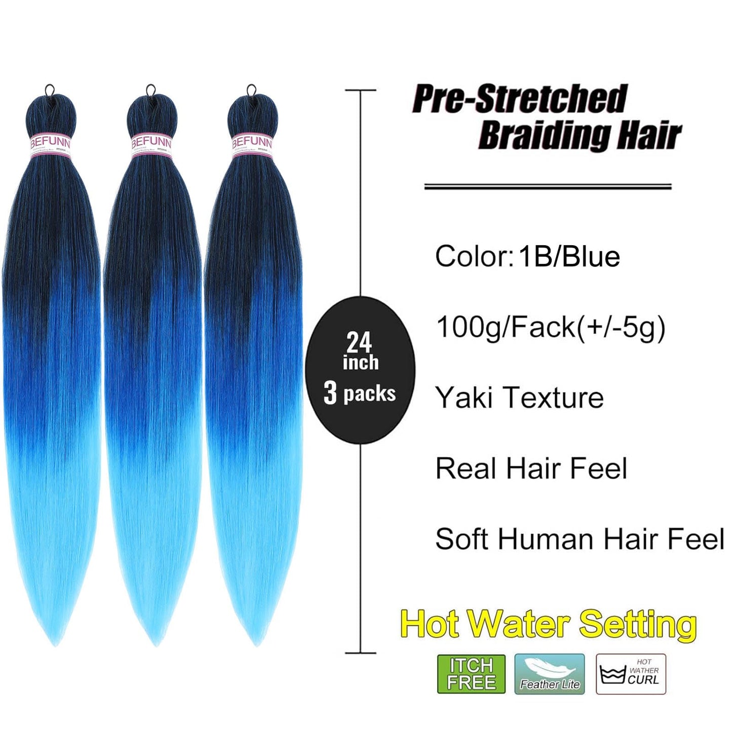 BEFUNNY Braiding Hair,24 Inch 3 Packs Three Tone Blue Pre Stretched Braiding Hair,Prestretched Braiding Hair For Women Hair,Professional Yaki Synthetic Hair Extension(3pcs,Blue/L Blue)