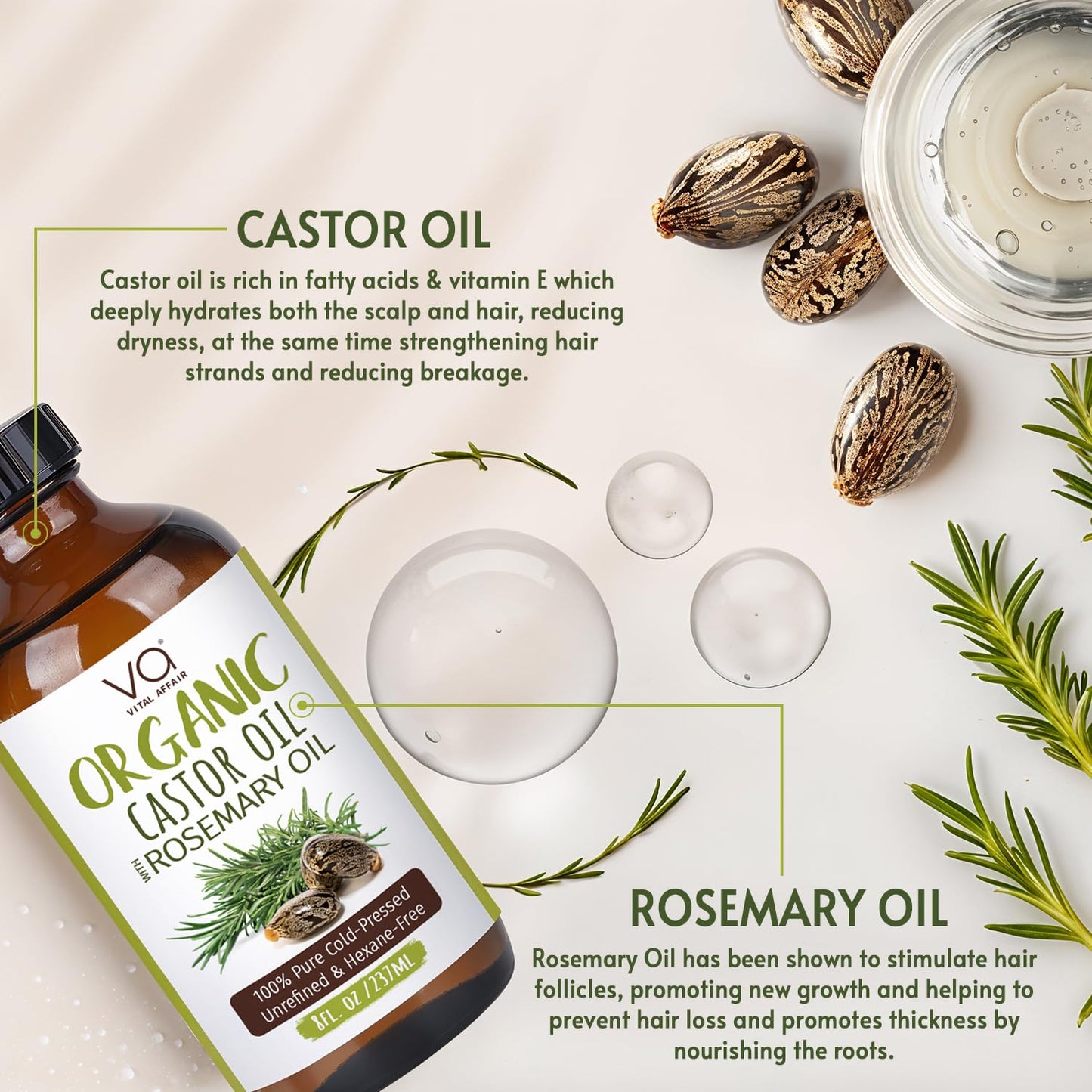 VITAL AFFAIR Organic Castor Oil - 100% Pure Rosemary Hair Growth Oil in 8 Fl Oz Glass Bottle | Strengthens & Volumizes