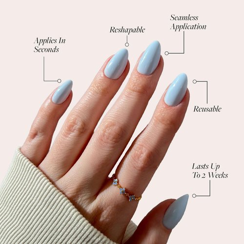 Glamnetic Press On Nails - Blueberry Milk | Solid Opaque Light Blue Short Almond Fake Nails, Salon Quality | 15 Sizes - 30 Nail Kit with Glue