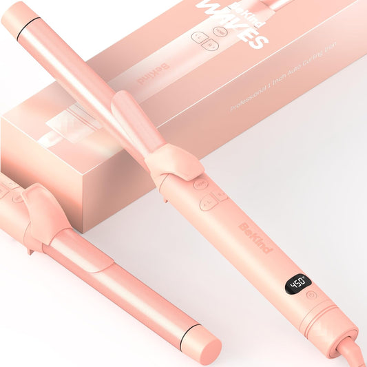 BeKind Waves Automatic Rotating Curling Iron - 1 Inch Tourmaline Ceramic Wand for Beach Waves | Fast Heat-Up, Dual Voltage (Peach)