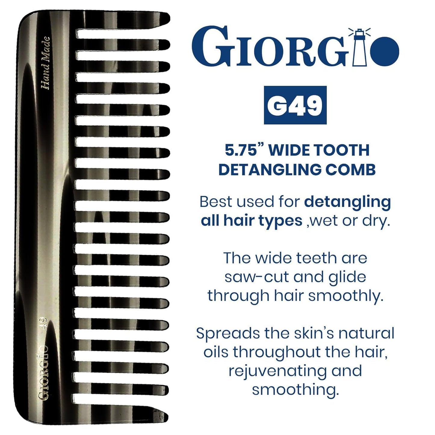 Giorgio G49 Yellow Tokio, Large Hair Detangling Comb, Wide Teeth for Thick Curly Wavy Hair, Detangler Comb For Wet and Dry, Handmade of Quality Cellulose, Saw-Cut, Hand Polished