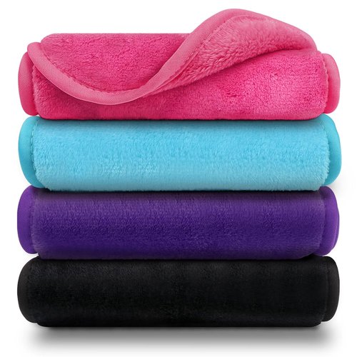 Orighty Makeup Remover Cloths - Reusable Microfiber Facial Cleansing Towels | Effortlessly Remove Makeup with Water, 15.5 x 7.5 in, Blue/Purple/Black/Pink