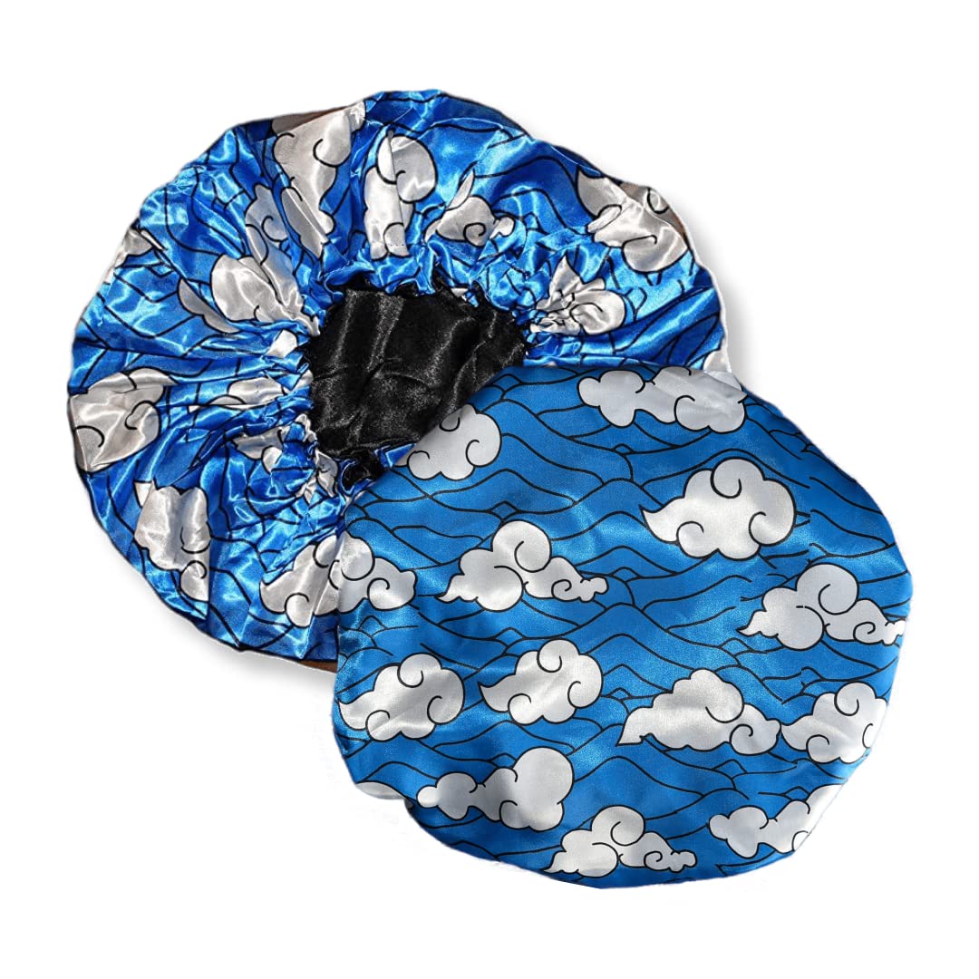 Large Bonnet - Silky Satin Bonnet with Elastic Soft Band (Blue White Water Clouds)