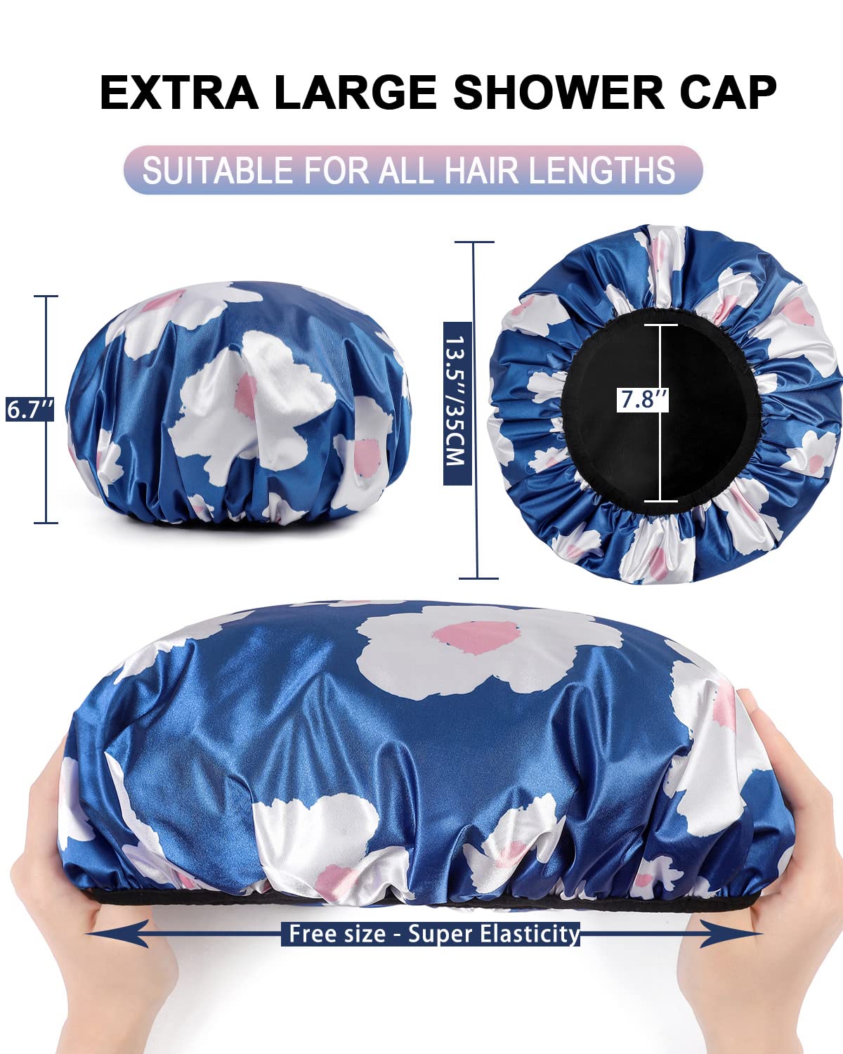 YIZIJIZI Waterproof Shower Cap - Triple Layer Design for Long Thick Hair | Reusable & Stylish (Blue)